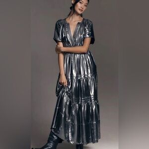 ANTHROPOLOGIE Somerset Metallic Silver Tiered Dress NWT